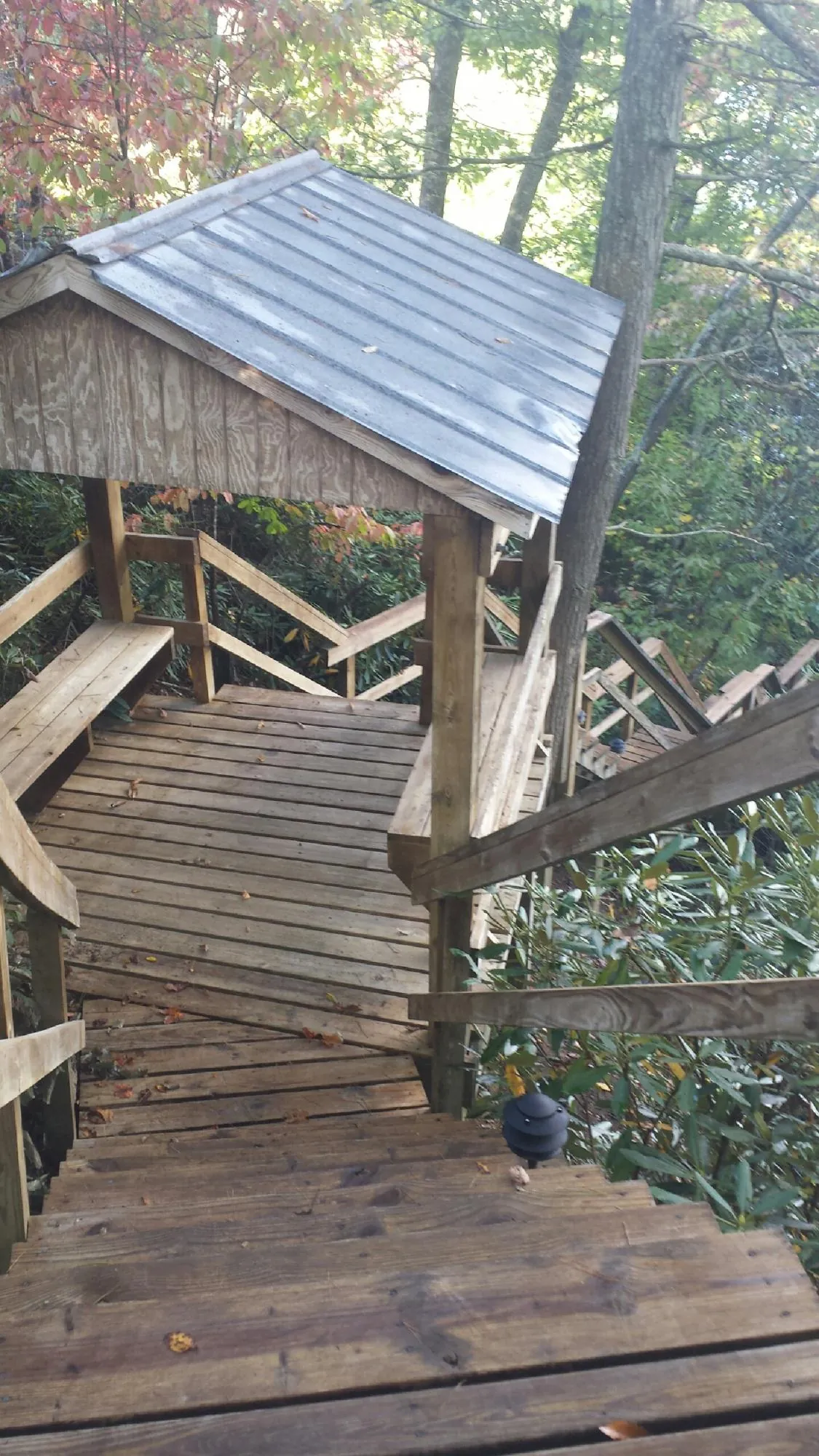 Metal roofed shelter over wooden steps on a wooded walkway — Skylight Repair & Installation work by our crew in Alden